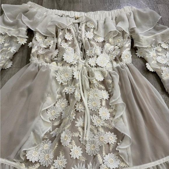For Love & Lemons Mini Dress Women Size XS Ivory Daisy Ruffle Off Shoulder - Picture 4 of 14